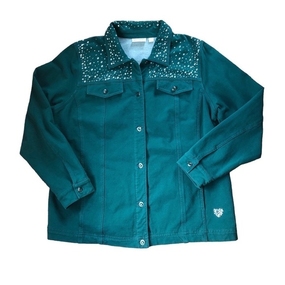Dream Jeanne’s By Quacker Factory Studded Stretch Jean Jacket Sz L Dk Green - Picture 4 of 11